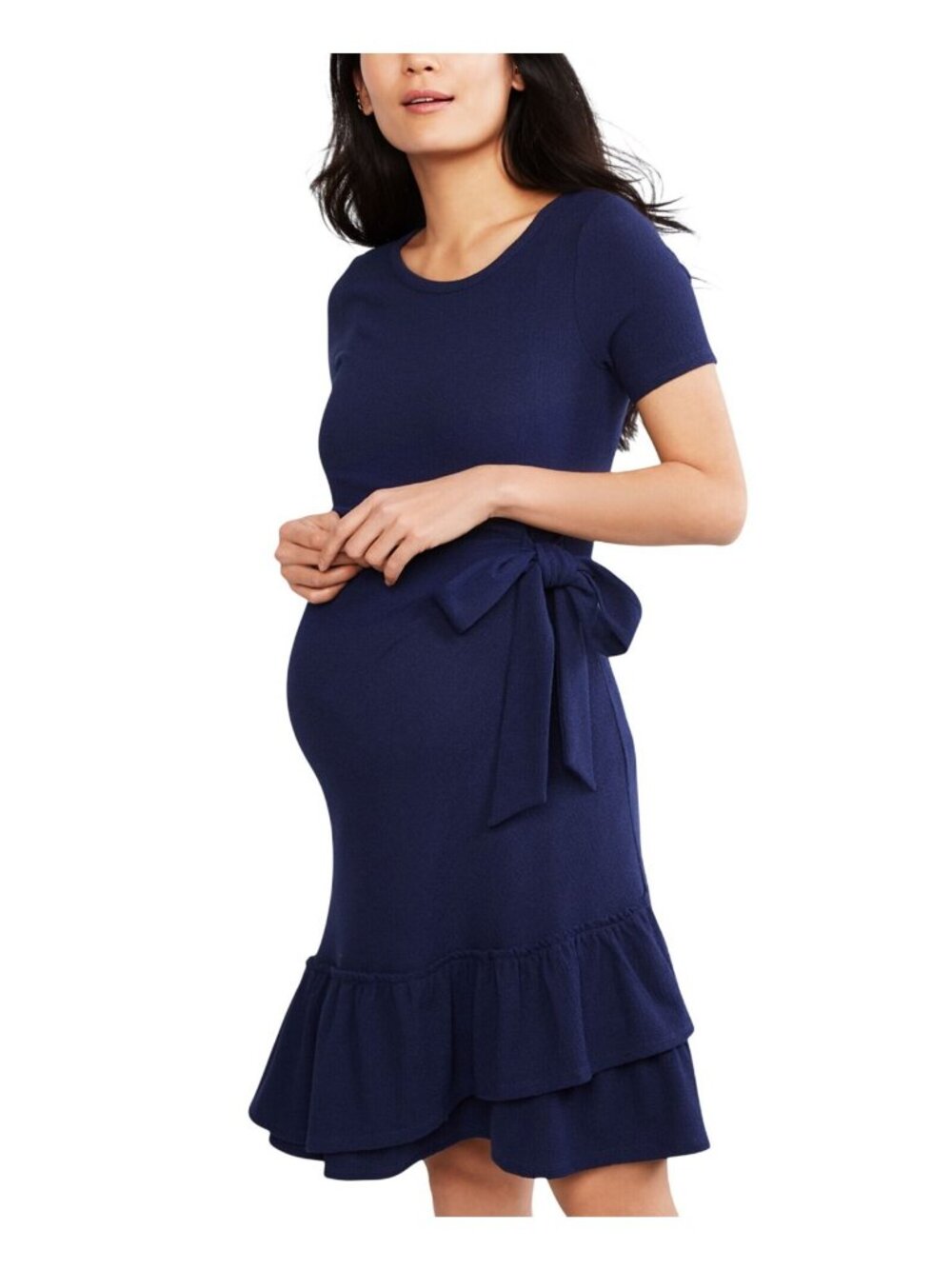 NWT A Pea In The Pod Womens Maternity Crepe Side Tie Ruffled Dress Navy Blue S